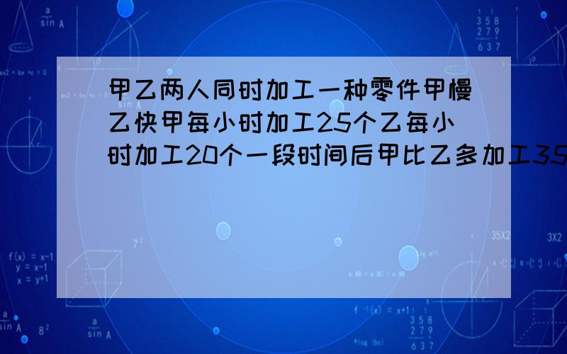 甲乙两人同时加工一种零件甲慢乙快甲每小时加工25个乙每小时加工20个一段时间后甲比乙多加工35个,问这时它们共加工多少个