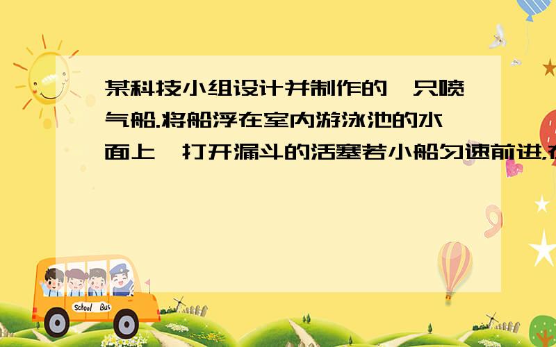 某科技小组设计并制作的一只喷气船.将船浮在室内游泳池的水面上,打开漏斗的活塞若小船匀速前进，在水平方向上的一对平衡力是