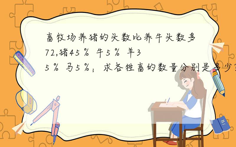 畜牧场养猪的头数比养牛头数多72,猪45％ 牛5％ 羊35％ 马5％；求各牲畜的数量分别是多少?