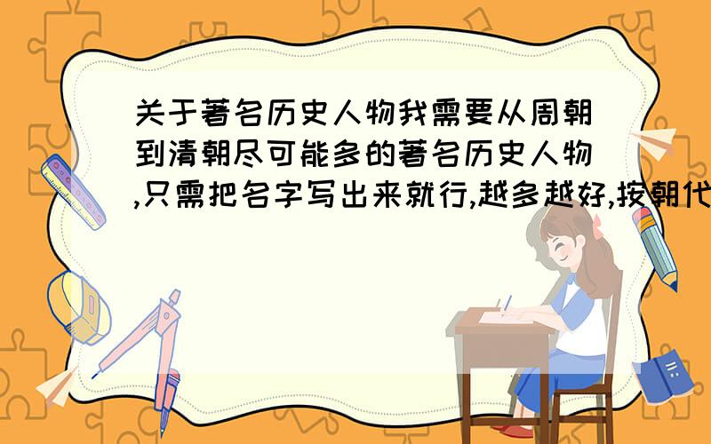 关于著名历史人物我需要从周朝到清朝尽可能多的著名历史人物,只需把名字写出来就行,越多越好,按朝代排好哈,如果可以写150个以上,就感激不尽了三国人物不用写