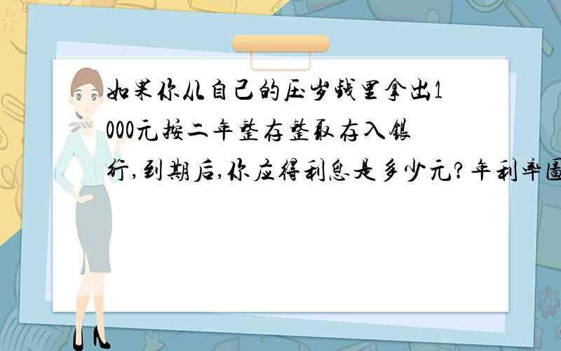 如果你从自己的压岁钱里拿出1000元按二年整存整取存入银行,到期后,你应得利息是多少元?年利率图请在今天晚上19:30前回答