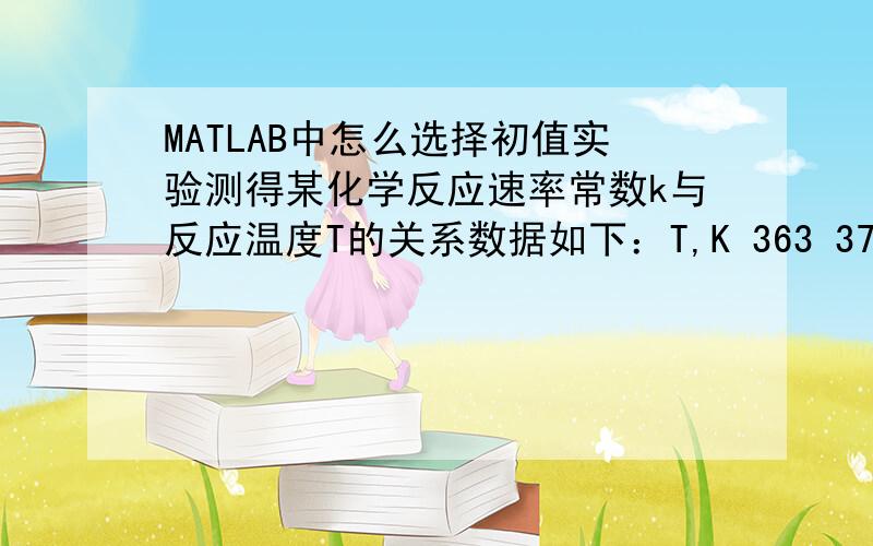 MATLAB中怎么选择初值实验测得某化学反应速率常数k与反应温度T的关系数据如下：T,K 363 373 383 393 403k×102,min-1 0.668 1.376 2.717 5.221 9.668如若k与T符合Arrhenius公式k=A*e(-E/RT)用Matlab以最小二乘法确定