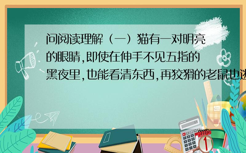 问阅读理解（一）猫有一对明亮的眼睛,即使在伸手不见五指的黑夜里,也能看清东西,再狡猾的老鼠也逃不过猫的眼睛.它的耳朵很灵活,能随意转向声音的来处.只要有声音,哪怕是极小的声响,