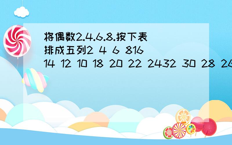 将偶数2.4.6.8.按下表排成五列2 4 6 816 14 12 10 18 20 22 2432 30 28 2634 36 38 4048 46 44 42 ...例如.14排在第2行.第2列.24排在笫3行.第5列.那么2004排在笫几行.笫几列?2 4 6 816 14 12 1018 20 22 2432 30 28 2634 36 38 4048