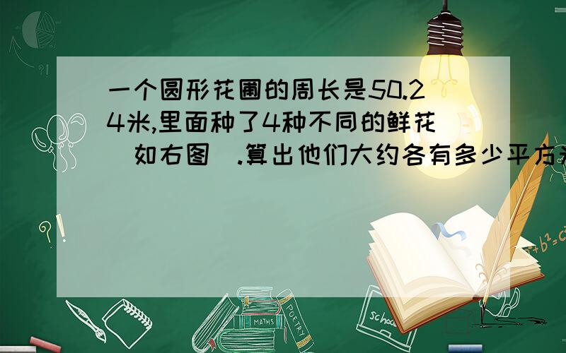 一个圆形花圃的周长是50.24米,里面种了4种不同的鲜花（如右图）.算出他们大约各有多少平方米 .牡丹和郁金香的面积一样,百合和玫瑰面积一样.