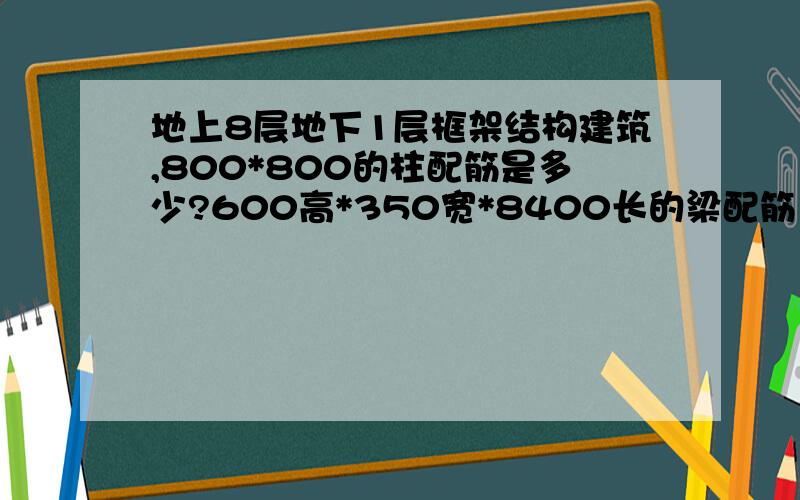 地上8层地下1层框架结构建筑,800*800的柱配筋是多少?600高*350宽*8400长的梁配筋多少?给个估算就行