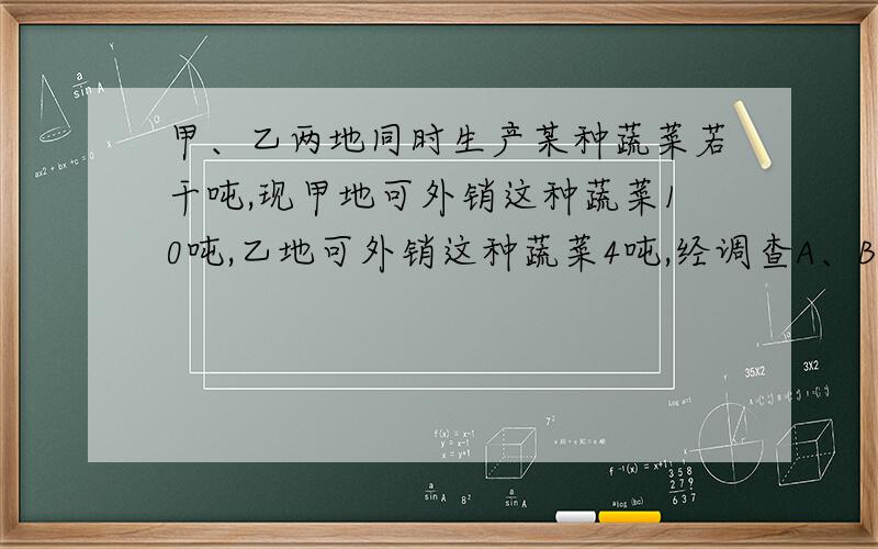 甲、乙两地同时生产某种蔬菜若干吨,现甲地可外销这种蔬菜10吨,乙地可外销这种蔬菜4吨,经调查A、B两城各需这种蔬菜分别为8吨和6吨．每吨这种蔬菜的运费如下表．设乙地运往B城的这种蔬