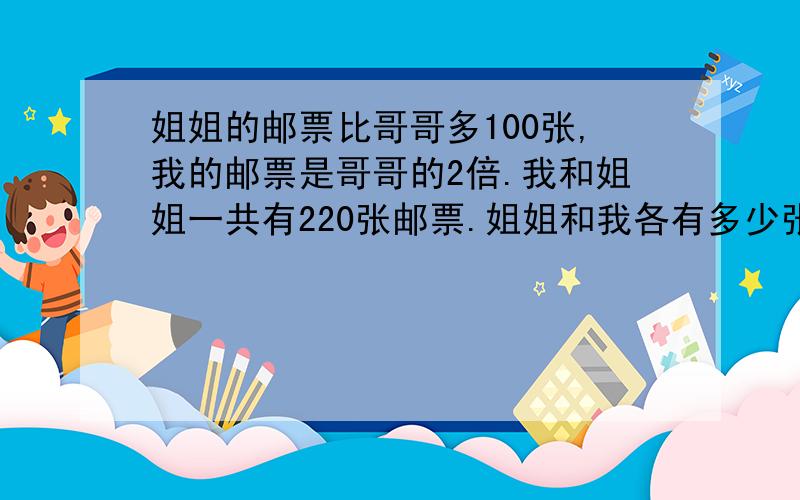 姐姐的邮票比哥哥多100张,我的邮票是哥哥的2倍.我和姐姐一共有220张邮票.姐姐和我各有多少张邮票?