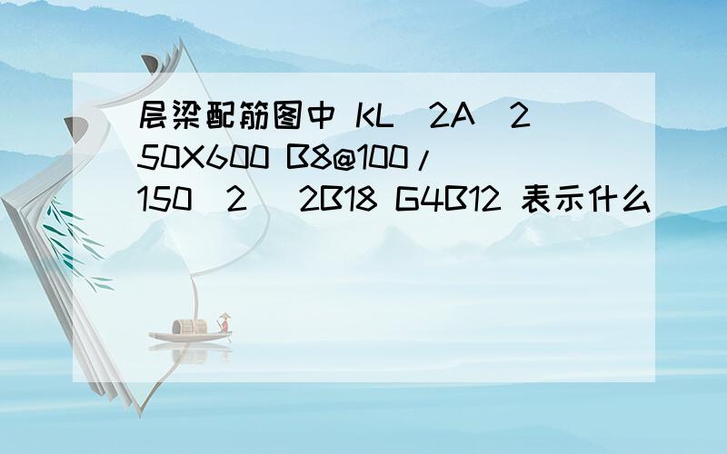 层梁配筋图中 KL（2A）250X600 B8@100/150（2） 2B18 G4B12 表示什么