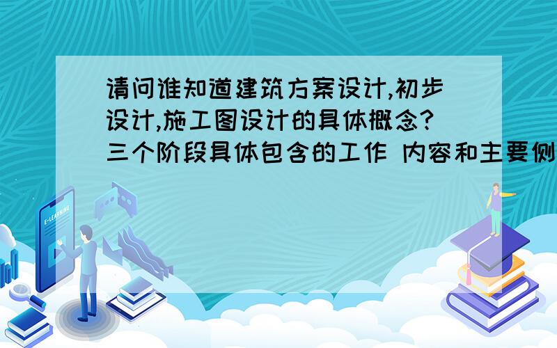 请问谁知道建筑方案设计,初步设计,施工图设计的具体概念?三个阶段具体包含的工作 内容和主要侧重控制节点,以及他们之间的区别?还有各个阶段需要出具哪些工作成果,包括图纸,模型分析