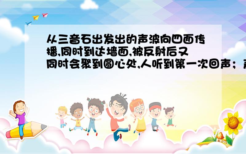 从三音石出发出的声波向四面传播,同时到达墙面,被反射后又同时会聚到圆心处,人听到第一次回声；声波继续传播,当第二次经墙壁反射汇聚到圆心处时,人听到第二次回声；但是比第一次回