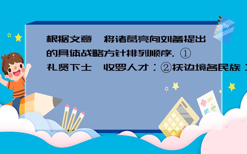 根据文意,将诸葛亮向刘备提出的具体战略方针排列顺序. ①礼贤下士,收罗人才；②抚边境各民族；③广布“仁义”；④结好孙权,搞好外交；⑤巩固荆、益基地；⑥利用帝室之位,打出“正统