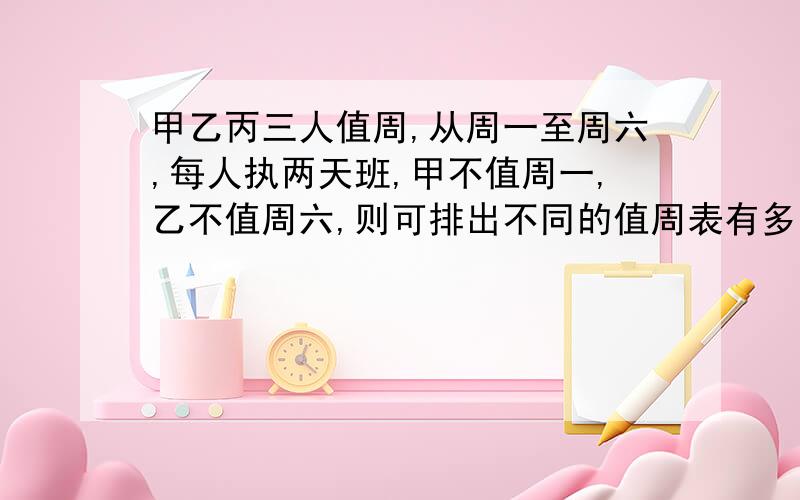 甲乙丙三人值周,从周一至周六,每人执两天班,甲不值周一,乙不值周六,则可排出不同的值周表有多少种能否用排列的方法解