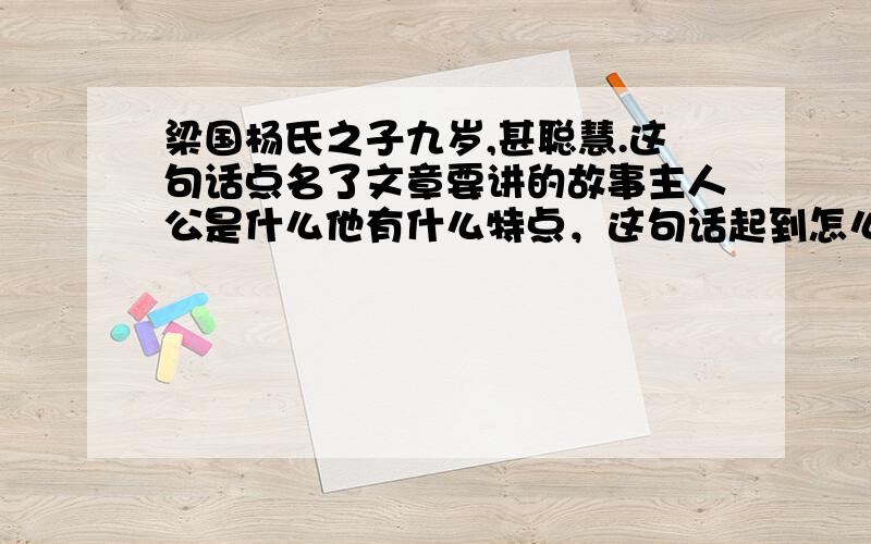 梁国杨氏之子九岁,甚聪慧.这句话点名了文章要讲的故事主人公是什么他有什么特点，这句话起到怎么作用？