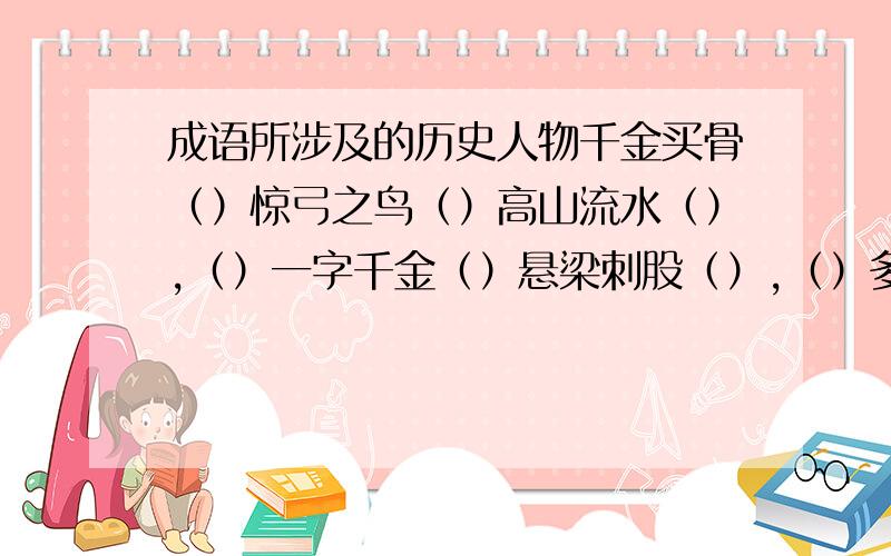 成语所涉及的历史人物千金买骨（）惊弓之鸟（）高山流水（）,（）一字千金（）悬梁刺股（）,（）多多益善（0金屋藏娇（）老当益壮（）萧规曹随（）言过其实（）宝刀不老（）封金挂