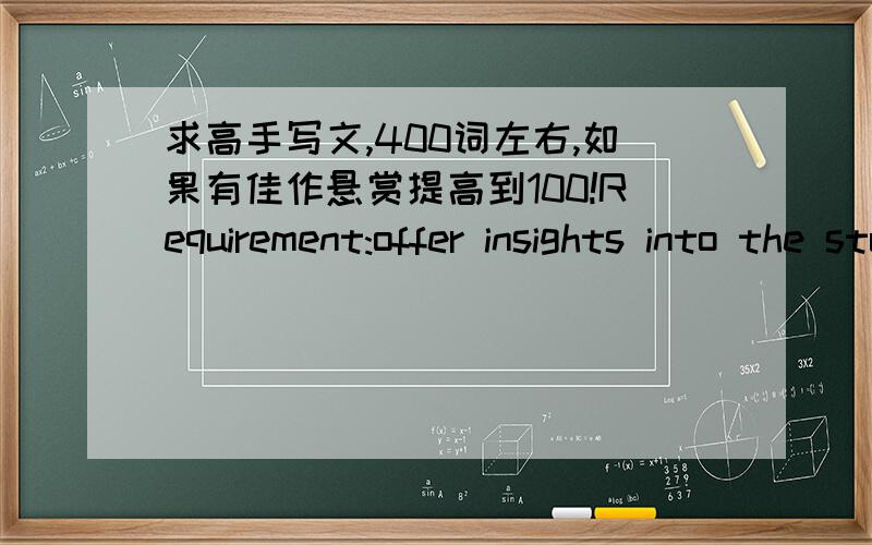 求高手写文,400词左右,如果有佳作悬赏提高到100!Requirement:offer insights into the study-in-Canada experience.Write a one-page letter telling family or friends what it's like to study in Canada,what is the advantages of their Canadian