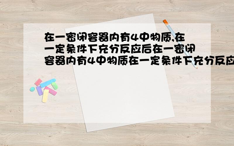 在一密闭容器内有4中物质,在一定条件下充分反应后在一密闭容器内有4中物质在一定条件下充分反应后,测得各物质的质量如下物质 X Y Z Q反应前质量 4 10 1 21反应后质量 0 12 15 待测写出它们的