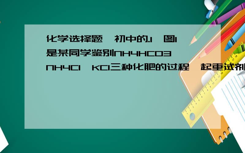 化学选择题,初中的.1、图1是某同学鉴别NH4HCO3、NH4Cl、KCl三种化肥的过程,起重试剂甲和乙分别可能是（        ）A、甲：熟石灰；乙：稀盐酸B、甲：水；乙：氢氧化钠溶液C、甲：氢氧化钠溶液