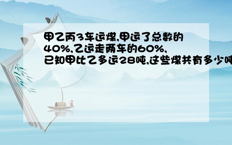 甲乙丙3车运煤,甲运了总数的40%,乙运走两车的60%,已知甲比乙多运28吨,这些煤共有多少吨