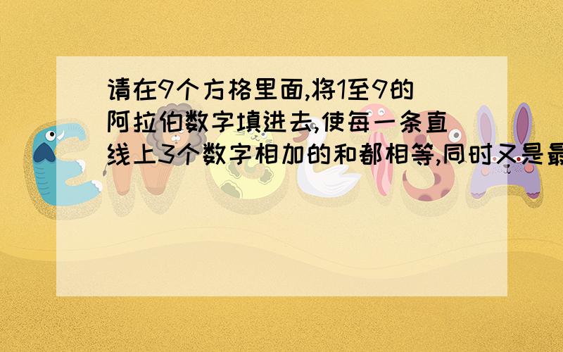 请在9个方格里面,将1至9的阿拉伯数字填进去,使每一条直线上3个数字相加的和都相等,同时又是最大的数目一个3*3的方格(正方形)