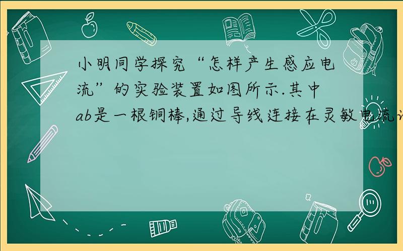 小明同学探究“怎样产生感应电流”的实验装置如图所示.其中ab是一根铜棒,通过导线连接在灵敏电流计的两接线柱上.实验时发现,无论怎样水平移动金属棒,电流计指针都没有明显偏转（仪器