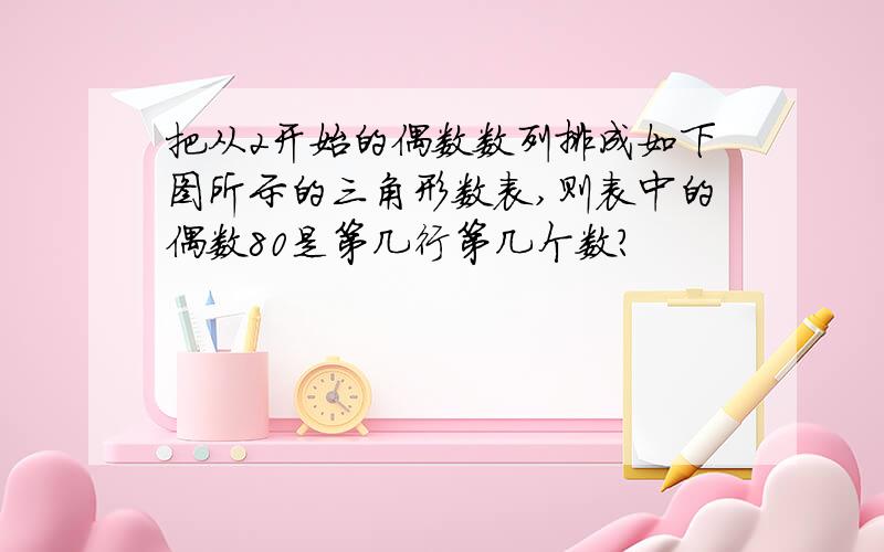 把从2开始的偶数数列排成如下图所示的三角形数表,则表中的偶数80是第几行第几个数?