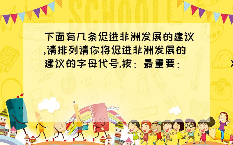 下面有几条促进非洲发展的建议,请排列请你将促进非洲发展的建议的字母代号,按：最重要：（    ）次重要：（    ）、（    ）一般重要：（    ）、（    ）的顺序填到括号中 A.控制人口过快