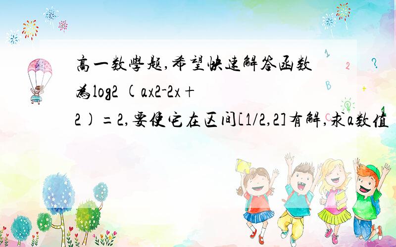 高一数学题,希望快速解答函数为log2 (ax2-2x+2)=2,要使它在区间[1/2,2]有解,求a数值