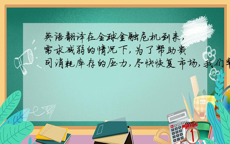 英语翻译在全球金融危机到来,需求减弱的情况下,为了帮助贵司消耗库存的压力,尽快恢复市场,我们率先给你们降价,且在所有的客户里降价幅度最大.