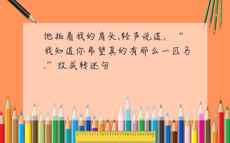 他拍着我的肩头,轻声说道：“我知道你希望真的有那么一匹马.”改成转述句