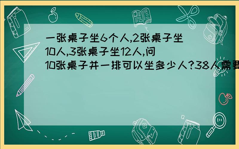 一张桌子坐6个人,2张桌子坐10人,3张桌子坐12人,问10张桌子并一排可以坐多少人?38人需要多少张桌子才能坐下?