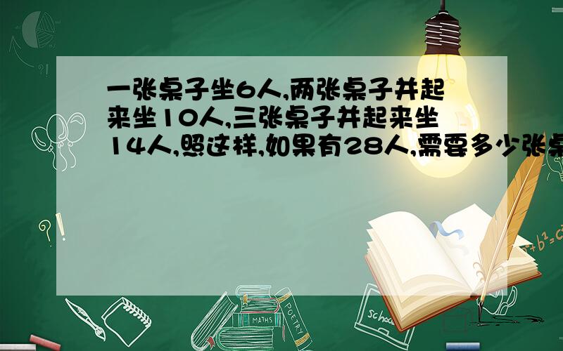 一张桌子坐6人,两张桌子并起来坐10人,三张桌子并起来坐14人,照这样,如果有28人,需要多少张桌子?呵呵,聪明人些快快帮我!