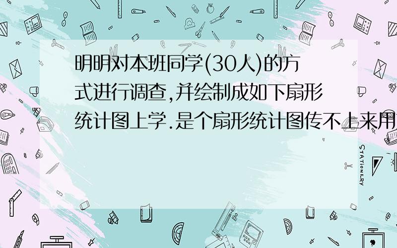 明明对本班同学(30人)的方式进行调查,并绘制成如下扇形统计图上学.是个扇形统计图传不上来用文字来表示,私家车三分之一,公共交通二分之一,步行未知.（1）步行的人数占全班人数的百分