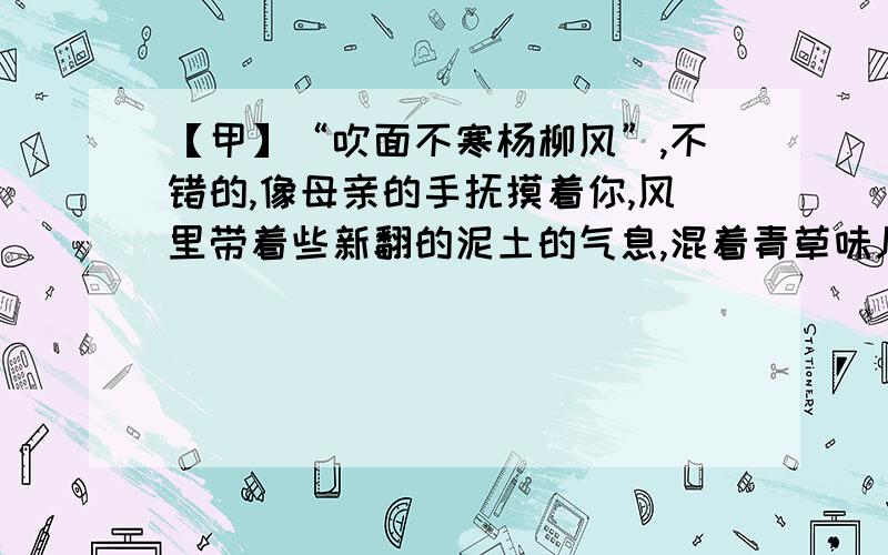 【甲】“吹面不寒杨柳风”,不错的,像母亲的手抚摸着你,风里带着些新翻的泥土的气息,混着青草味儿,还有各种花的香,都在微微润湿的空气里酝酿.鸟儿将巢安在繁花嫩叶当中,高兴起来了,呼