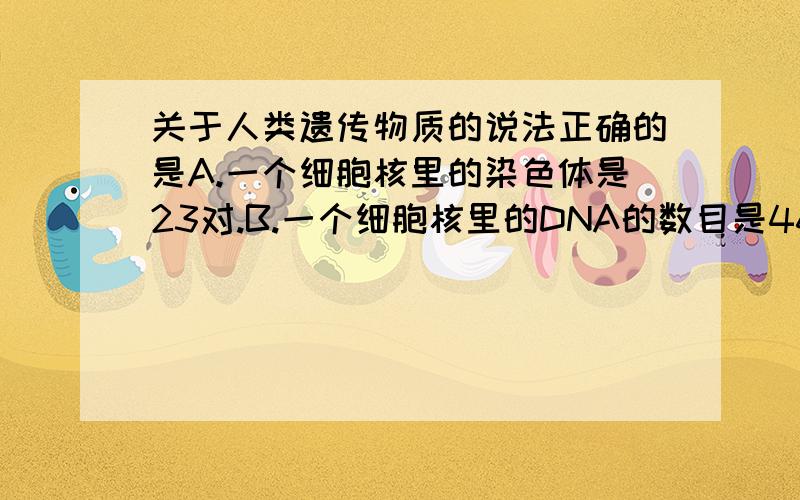 关于人类遗传物质的说法正确的是A.一个细胞核里的染色体是23对.B.一个细胞核里的DNA的数目是46条.C.基因的数目=46条*46.D.基因数目=性状的数目