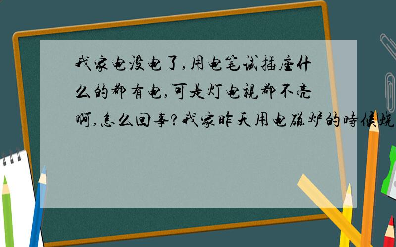 我家电没电了,用电笔试插座什么的都有电,可是灯电视都不亮啊,怎么回事?我家昨天用电磁炉的时候烧坏了一根电线,我自己接上了,可是推上去总开关上去全部的灯就是不亮,电视机也不亮!可