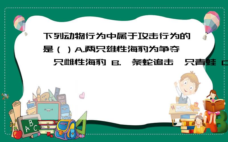 下列动物行为中属于攻击行为的是（）A.两只雄性海豹为争夺一只雌性海豹 B.一条蛇追击一只青蛙 C.一只鹰捕食一只飞行的小鸟 D.螃蟹举着鳌钳反击天敌的进攻