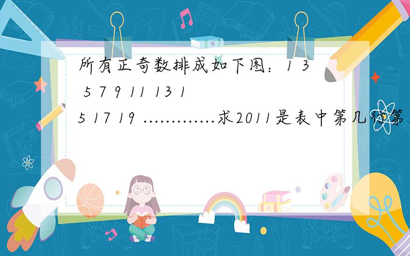 所有正奇数排成如下图：1 3 5 7 9 11 13 15 17 19 .............求2011是表中第几行第几个数第n排有n个相邻奇数,第二排起,每一行的第一个数与上一排最后一个数是相邻奇数