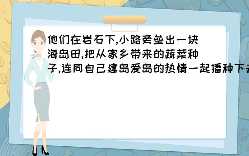 他们在岩石下,小路旁垒出一块海岛田,把从家乡带来的蔬菜种子,连同自己建岛爱岛的热情一起播种下去.（