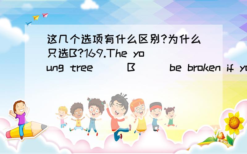 这几个选项有什么区别?为什么只选B?169.The young tree___B___be broken if you climb it.A.is going to B.will C.shall D.is to