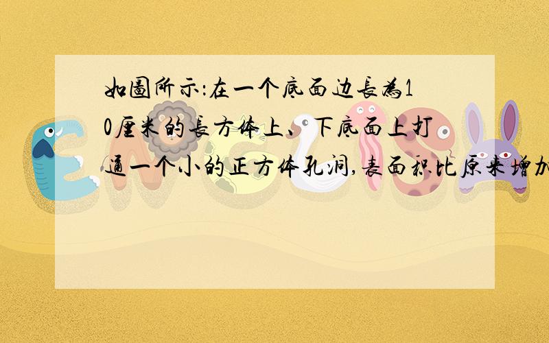 如图所示：在一个底面边长为10厘米的长方体上、下底面上打通一个小的正方体孔洞,表面积比原来增加了18平方厘米,求余下图形的体积.