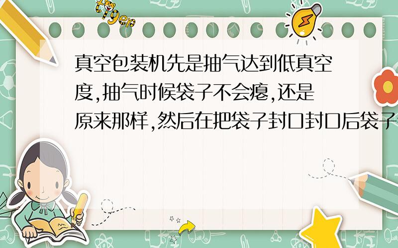 真空包装机先是抽气达到低真空度,抽气时候袋子不会瘪,还是原来那样,然后在把袋子封口封口后袋子会瘪,就是袋子收的很紧,现在不懂得是为什么不是在刚开始抽气的时候袋子不会收的很紧?