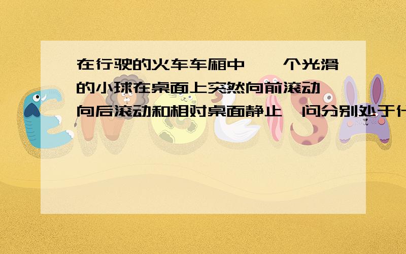 在行驶的火车车厢中,一个光滑的小球在桌面上突然向前滚动,向后滚动和相对桌面静止,问分别处于什么状态?