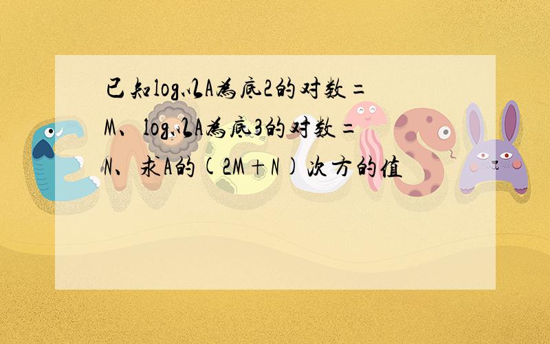 已知log以A为底2的对数=M、log以A为底3的对数=N、求A的(2M+N)次方的值