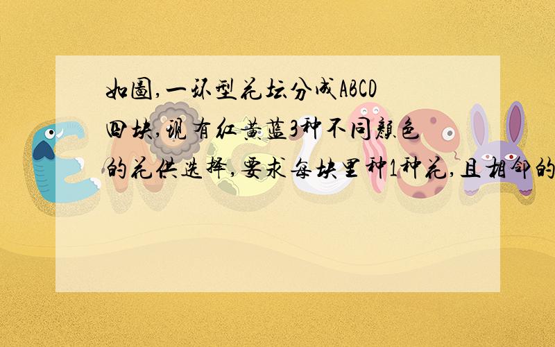 如图,一环型花坛分成ABCD四块,现有红黄蓝3种不同颜色的花供选择,要求每块里种1种花,且相邻的两块必须种不同颜色的花,则不同的种法有多少种图是一个环形的东西 被分成4等分 分别是ABCD 不