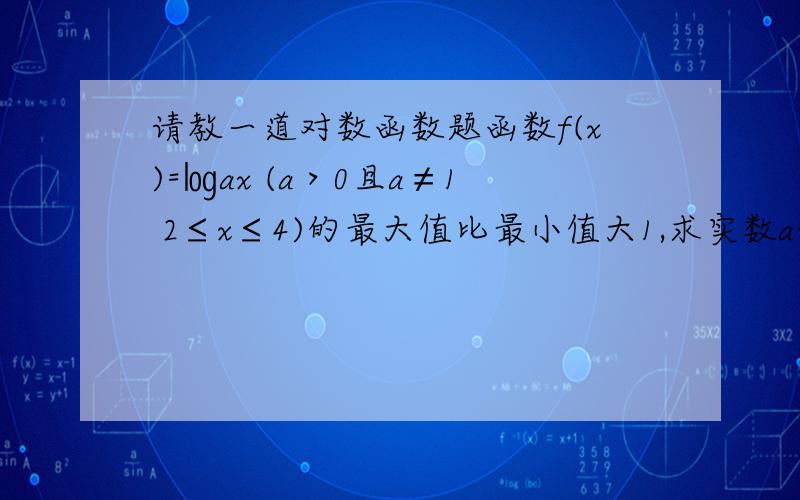 请教一道对数函数题函数f(x)=㏒ax (a＞0且a≠1 2≤x≤4)的最大值比最小值大1,求实数a的值（底数为a,x是真数）