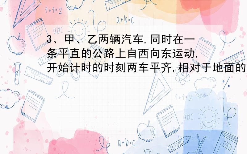 3、甲、乙两辆汽车,同时在一条平直的公路上自西向东运动,开始计时的时刻两车平齐,相对于地面的速度-时间图象如图所示.关于它们的运动,下列几个人的说法正确的是：图像为：纵轴为速度