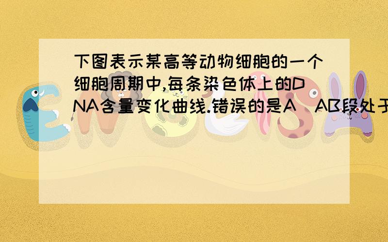 下图表示某高等动物细胞的一个细胞周期中,每条染色体上的DNA含量变化曲线.错误的是A．AB段处于细胞分裂的间期B．BC段细胞中存在姐妹染色单体C．CD段表示分裂期的后期D．纵坐标中N=1或2