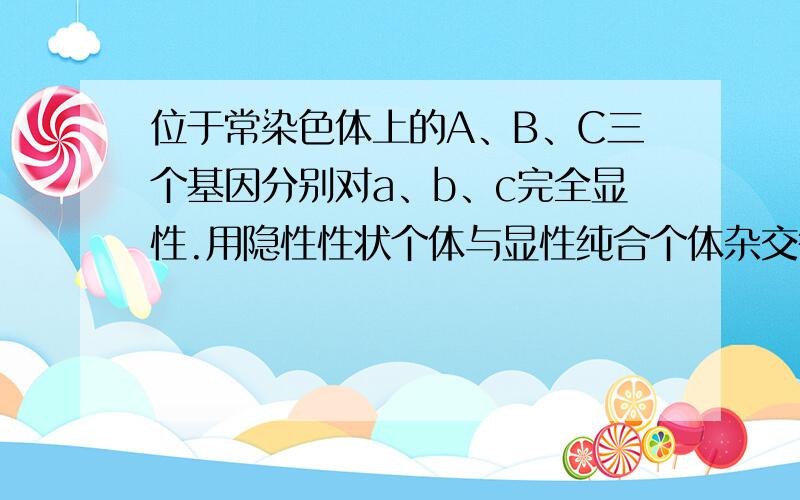 位于常染色体上的A、B、C三个基因分别对a、b、c完全显性.用隐性性状个体与显性纯合个体杂交得F1,F1测交结果为aabbcc：AaBbCc：aaBbcc：AabbCc=1：1：1：1,能正确表示F1基因型的  A.A和B位于同一条