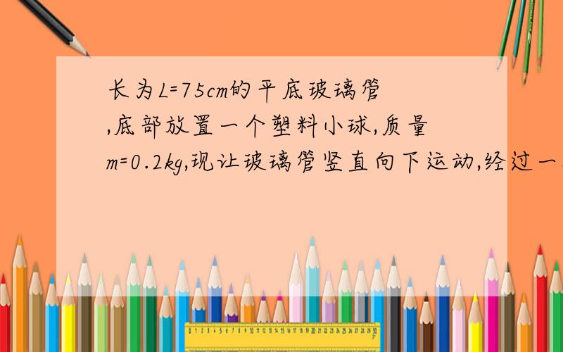 长为L=75cm的平底玻璃管,底部放置一个塑料小球,质量m=0.2kg,现让玻璃管竖直向下运动,经过一段时间后小球运动到玻璃管口,此时让玻璃管立即停止运动,不计一切阻力,求：（1）小球到达玻璃管